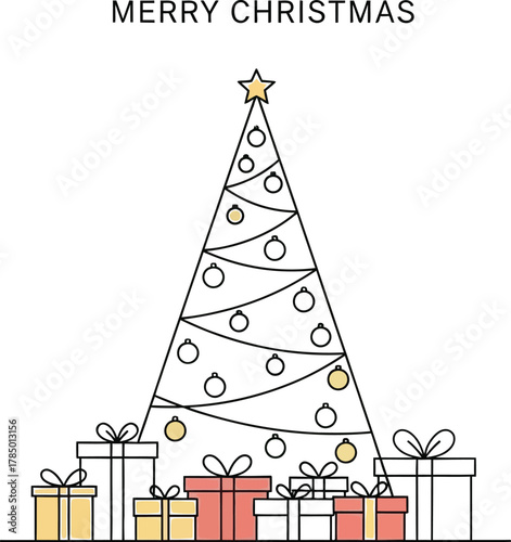 Minimalist christmas tree with gifts illustration for holiday season greetings
