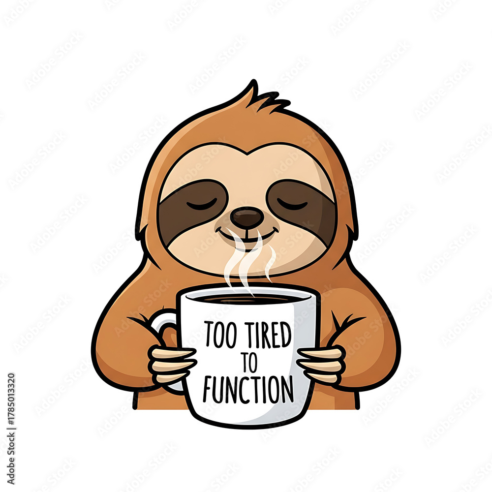 Obraz premium Cute cartoon sloth holding a steaming mug with text too tired to function isolated on transparent background