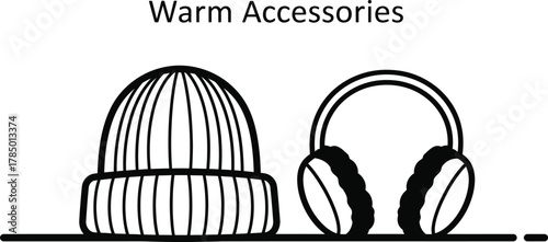 Winter hat and earmuffs line art illustration for cold weather accessories