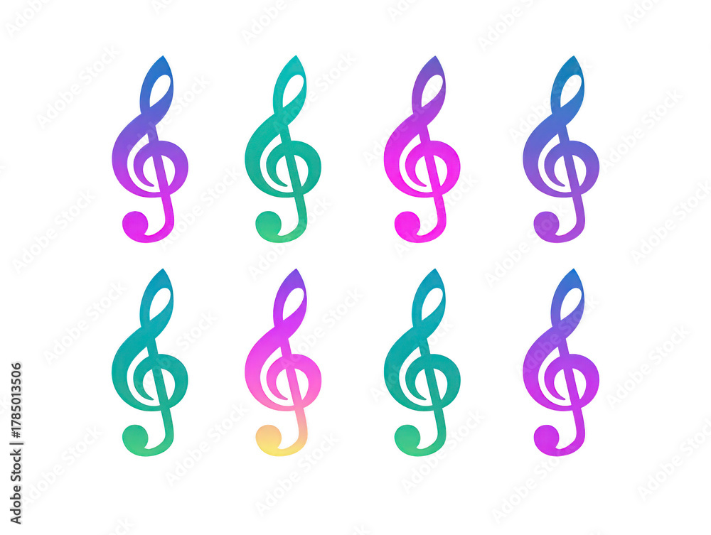 Obraz premium Colorful treble clef symbols arranged in two rows on transparent background, each with gradient effect, representing music, creativity, and artistic expression
