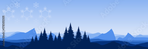 Minimalist winter nature scene with a dark forest silhouette atmospheric blue hills and ample copy space for text.