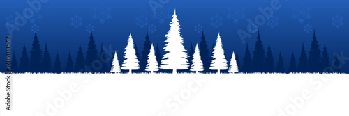 Wide screen Christmas and holiday banner template with a serene snowy forest landscape against a dark blue sky with snowflakes.