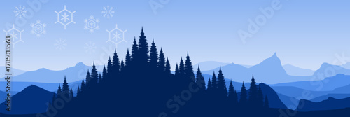 Atmospheric winter background with layered mountain terrain a dark pine grove and decorative snowflakes for a holiday design.
