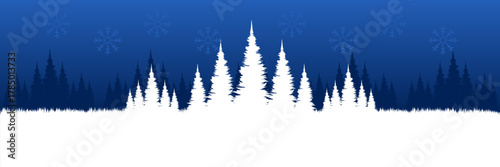 Atmospheric winter night landscape with a snowy pine forest falling snow and a large blank area for holiday text or product placement.