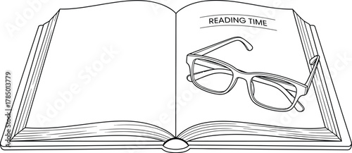 Open book with glasses resting on the page ready for reading time study