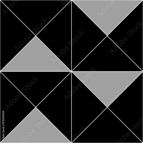 Repeated color triangles on white background. Triangular blocks wallpaper. Seamless surface pattern design with tiles. Mosaic motif. Digital paper with polygons for page fills, web designing. Vector.