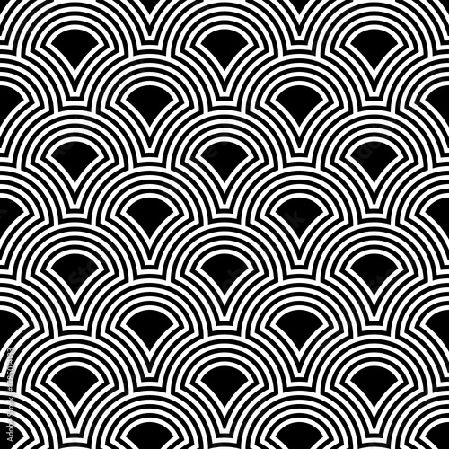 Japan traditional ethnic embroidery ornament with repeated scallops. Fish scale. Repeat scallop background. Seamless surface pattern design with scales. Ancient japanese sashiko uroko motif. Squama.