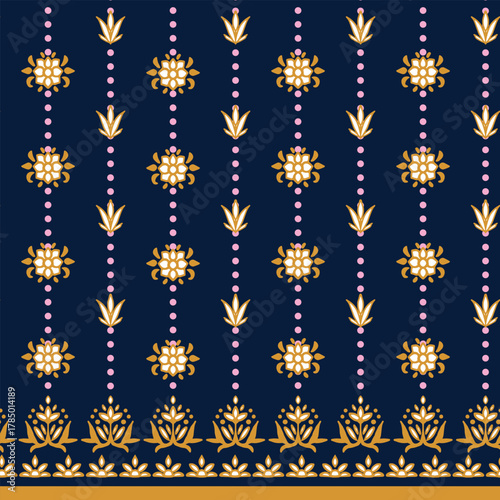 Seamless bohemian repeat border print. Vector, hand drawn ethno elements aop, all over surface print on dark blue background.
