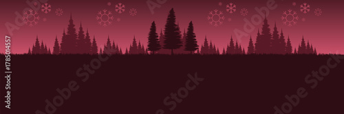 Minimalist vector illustration of a red Christmas night scene with pine trees and ample copy space.
