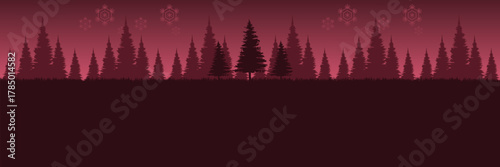 Serene winter landscape at night with a red sky and forest silhouette for a holiday header.