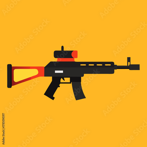 Modern assault rifle with scope and magazine on a vibrant yellow background