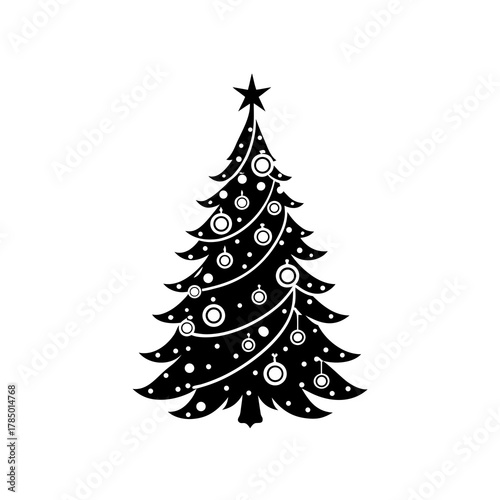 Stylized black silhouette of a decorated christmas tree with ornaments and a star topper