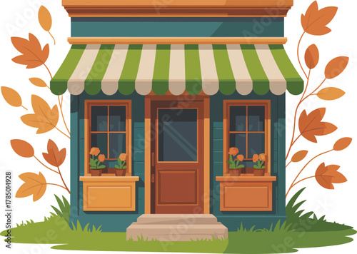 Photos Autumn storefront illustration, cozy shop facade, striped awning, teal and orang
