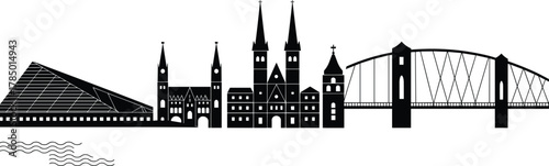 Architectural silhouette illustration, iconic buildings and bridge, cathedral, pyramid, chapel, waterfront skyline, black and white landmark design