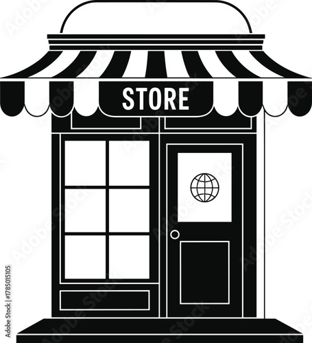 Black and white storefront illustration, striped awning, bold STORE sign, retail facade sketch, symmetrical shop design, minimal commercial icon