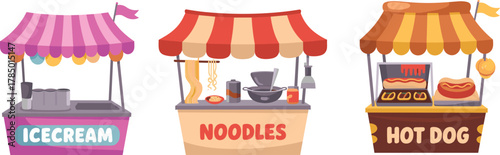 Cartoon food stall vector set with ice cream, noodles, and hot dog stands for market, fair, street food themes