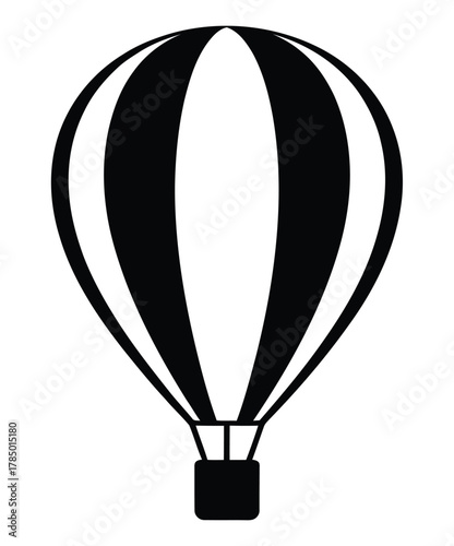  Black and white silhouette of a striped hot air balloon, symbolizing travel, elevation, adventure, freedom, and classic aerial exploration.