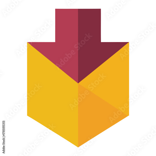  Stylized geometric downward arrow in red, orange, and yellow tones, symbolizing direction, movement, navigation, and modern design.