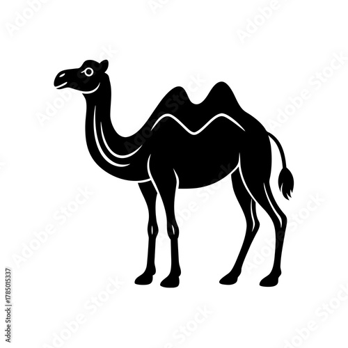 Stylized silhouette of a two humped camel standing proudly against a white background