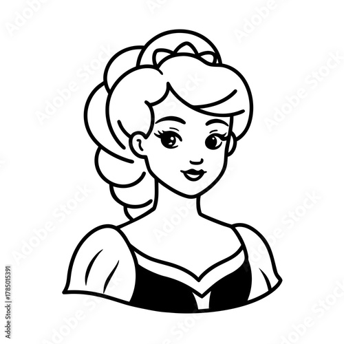 Charming cartoon princess with elegant updo and detailed bodice illustration