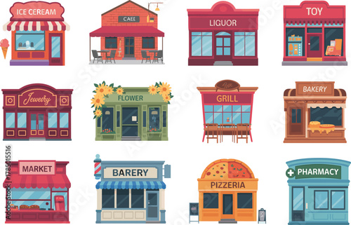 Cartoon storefront vector set with ice cream, café, liquor, toy, flower, bakery, grill, market, pharmacy, pizzeria shops