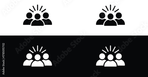  Set of four group communication icons in black and white grid, symbolizing teamwork, collaboration, attention, and collective focus.