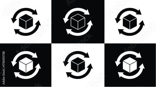   Set of six cube icons with circular arrows in black and white grid, symbolizing rotation, transformation, process flow, and 3D systems.