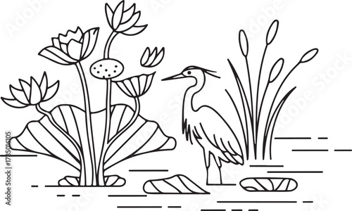 Black silhouette of diverse natural ecosystems and diverse flora and fauna on a clean background for world wetlands day celebration