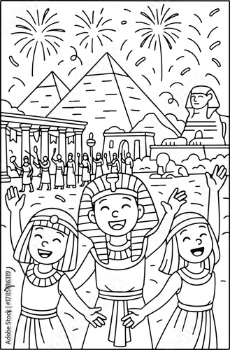 hand drawn vector illustration of Grand Egyptian Museum coloring page for kids