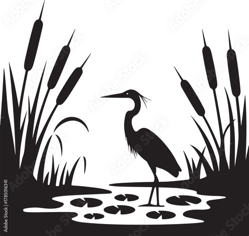Black silhouette of diverse natural wetland ecosystems and diverse wildlife celebrating world wetlands day