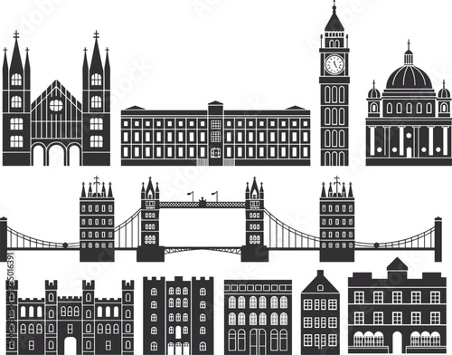 London landmark illustration set, black and white vector, Big Ben, Tower Bridge, Westminster Abbey, St. Paul’s Cathedral, British architecture icons