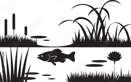 Black silhouette of natural eco background celebrating world wetlands day with diverse flora and fauna elements