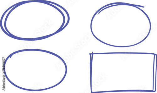 Four blue hand drawn shapes isolated on a white background drawing