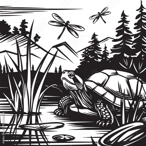 Black silhouette of a natural eco background for world wetlands day with diverse flora and fauna elements