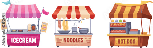 Street food stall illustration, ice cream, noodles, hot dog vendors, striped canopy design, colorful market scene, cooking setup, snack counter icons