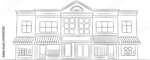 Symmetrical commercial building, storefront architecture, retail facade design, urban business layout, line drawing, clean structure, awning and window details