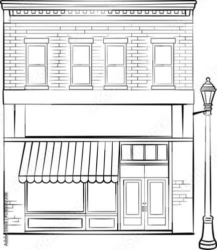 Two-story commercial building illustration, traditional architecture, striped awning storefront, brick facade, urban retail design, office and shop sketch