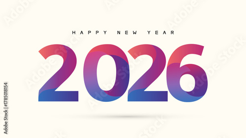 Colorful Happy New Year 2026 banner; a modern and vibrant 3D gradient typography design on a clean white background for 2026.