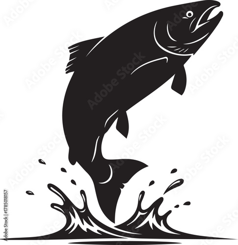 Dynamic silhouette of a large salmon leaping from water in a splash