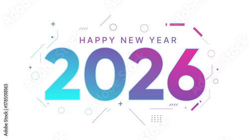 Modern Happy New Year 2026 banner; a futuristic tech design with vibrant gradients and abstract geometric elements on a clean white background