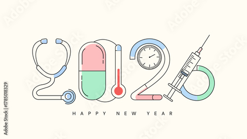 Happy New Year 2026 medical and healthcare banner; a creative and minimalist line art design with 2026 formed by medical icons
