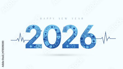 Happy New Year 2026 medical and healthcare banner; a modern design with an EKG heartbeat line and 2026 typography filled with medical icons