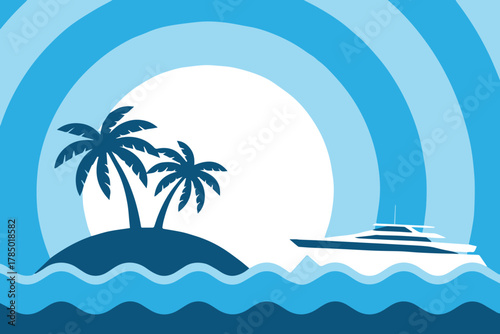 island small island with two palm trees yacht on wavy ocean vector art