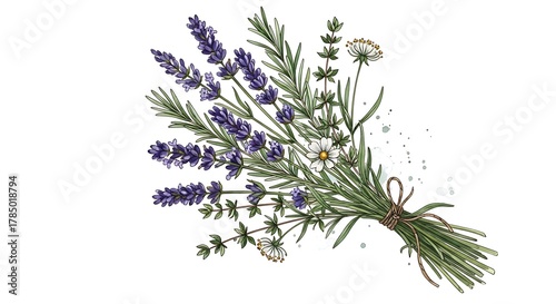 Watercolor illustration of a tied bouquet of lavender, rosemary, and chamomile flowers on white
