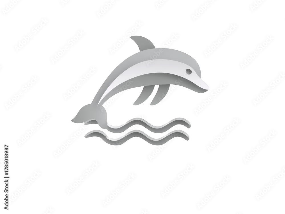 Obraz premium Dolphin jumping over waves, minimalist gray and white vector illustration, aquatic animal, playful and elegant marine life symbol, suitable for logo or icon design