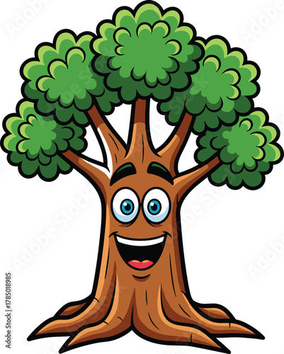 Cartoon tree with smiling face, friendly animated character, anthropomorphic nature illustration, green leaves, educational mascot, children’s book art, environmental theme, playful 