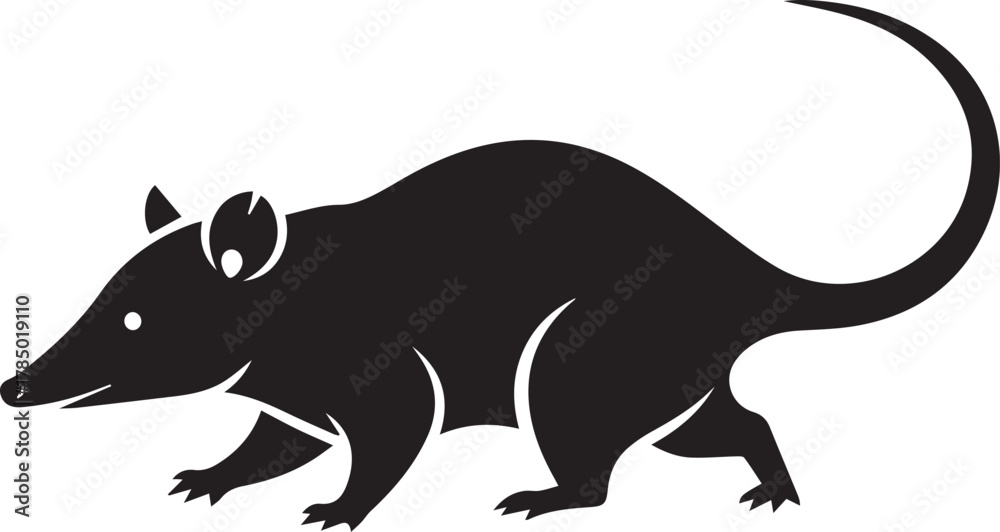 Fototapeta premium Black silhouette of a long-tailed rodent walking leftward side view with white accents