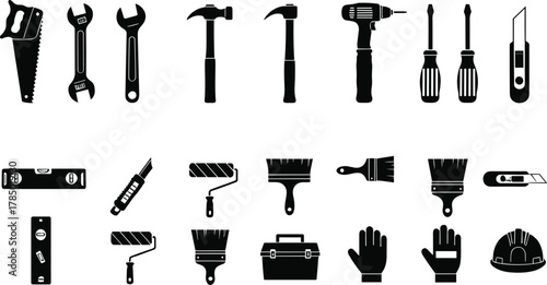 Construction tools and safety equipment icons, hammer, wrench, screwdriver, drill, saw, paintbrush, roller, toolbox, helmet, glove, vector illustration set