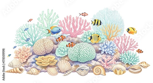Fototapeta Naklejka Na Ścianę i Meble -  Watercolor painting of coral reef with colorful fish and seashells on a white background design art