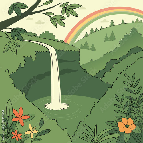 A scenic landscape featuring a waterfall cascading into a pool with a rainbow in the background